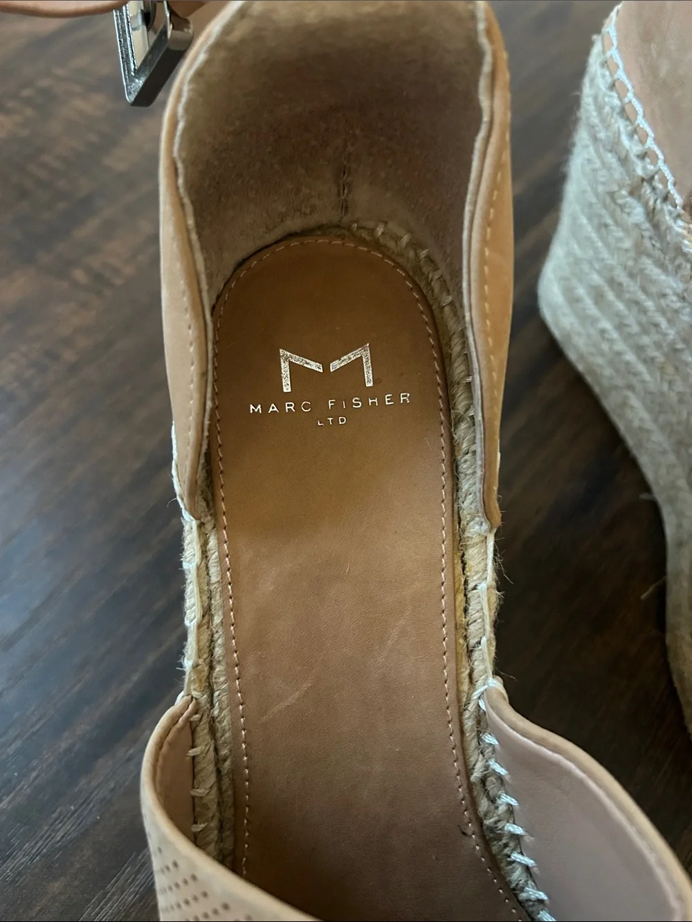 Marc Fisher Perforated Tan Wedge Espadrille Sandals